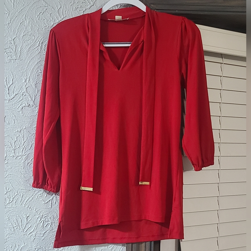 Michael Kors red long-sleeve blouse with a tie-neck detail